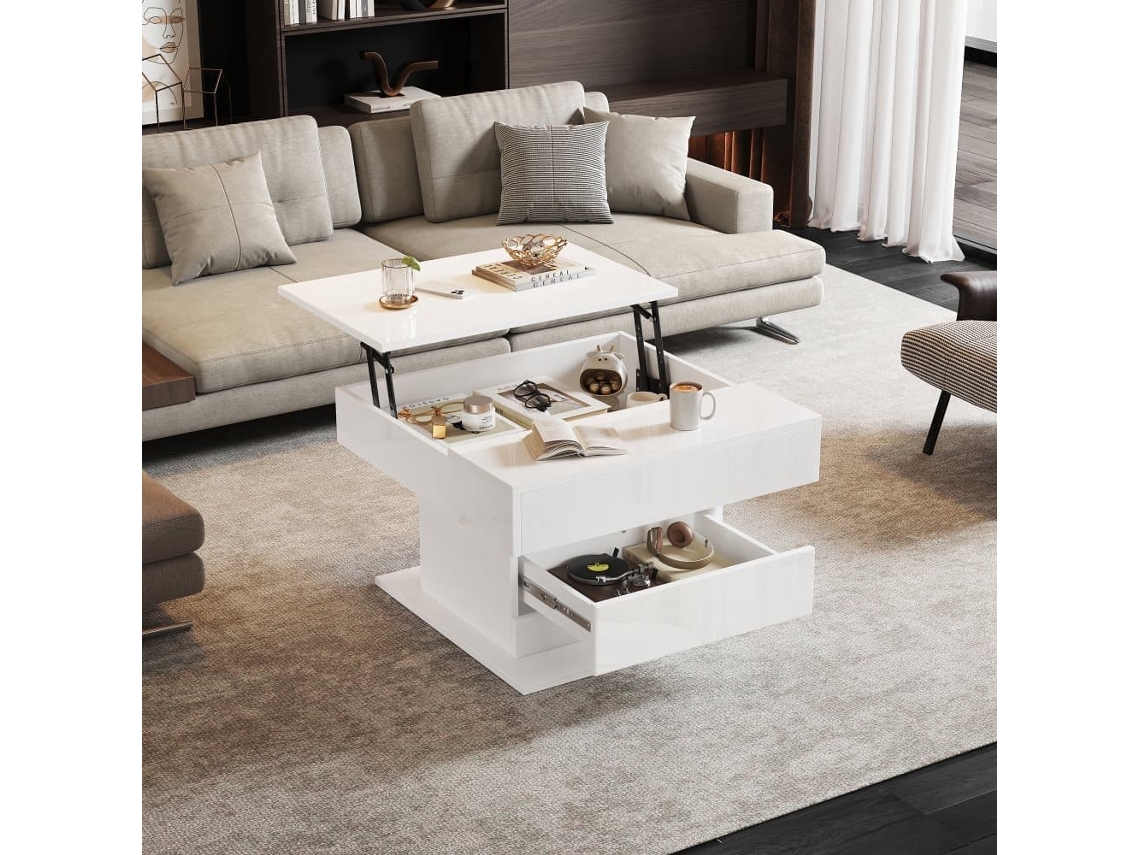 Mesa De Centro 70x70x45 Cm - Mesa Giratoria 360°, Con 1 Cajón, Alto Brillo, Con Almacenamiento - Blanco