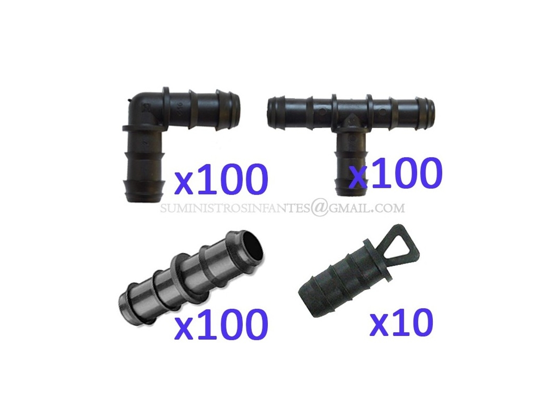 Pack Riego Por Goteo 16Mm: 100 Te 100 Codo 100 Enlace 10 Tapon Negro SUINGA