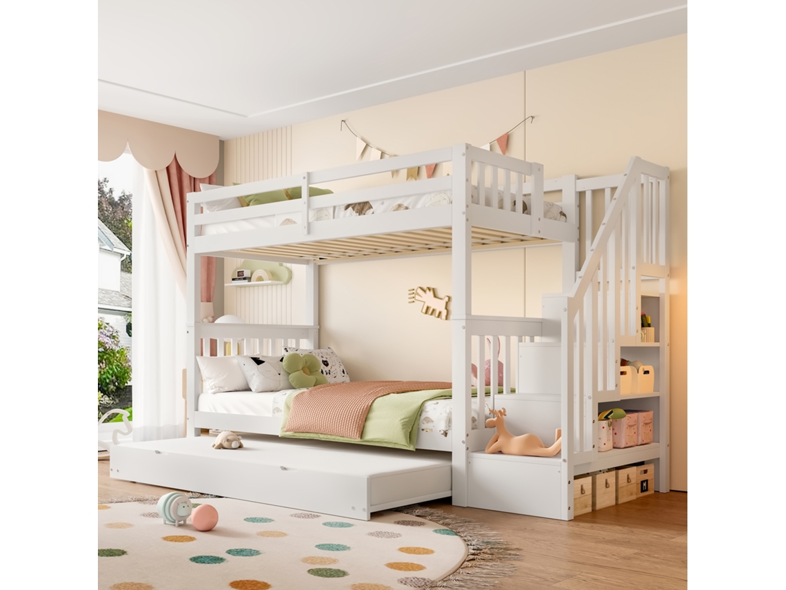 Cama Litera de 90 x 200 cm con escalera, extraíble, barandillas altas, certificación EN747, 1 blanco, Mobrio