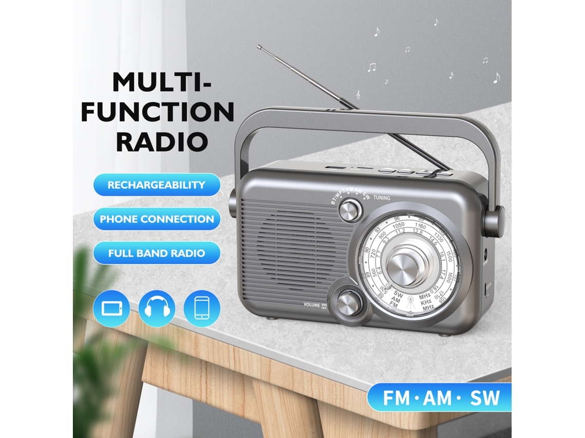Radio portátil multifuncional multibanda AM/FM/SW Viewleaf, carga USB, reproducción de tarjeta TF, con antena, fácil de usar y transportar.