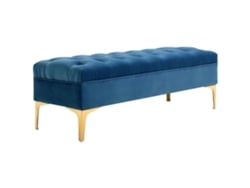 Banco tapizado con base de cama, estilo clásico, terciopelo azul, patas de metal dorado.