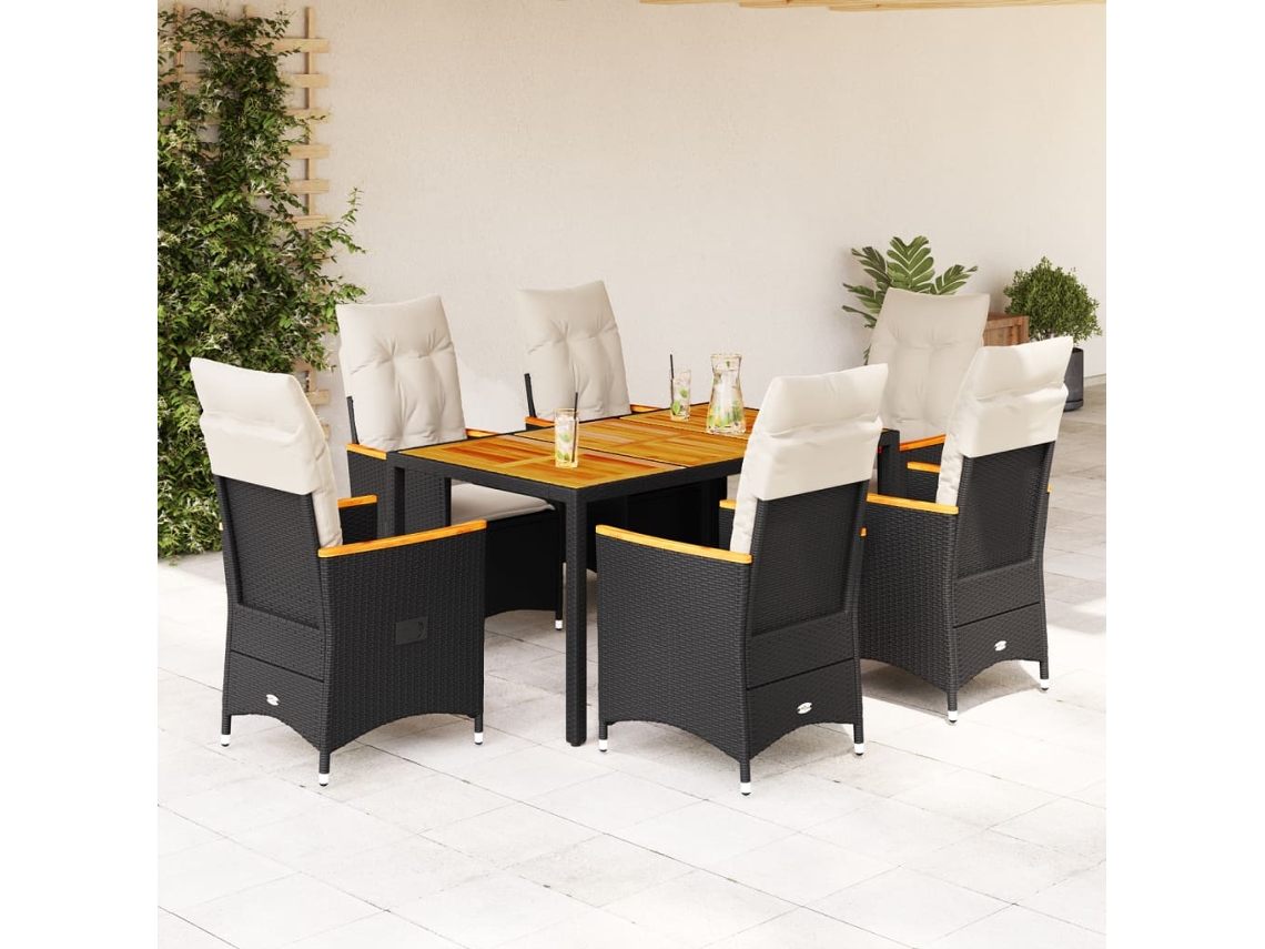 Juego de comedor de jardín de 7 piezas con cojines, mimbre sintético negro, DKD Home Decor