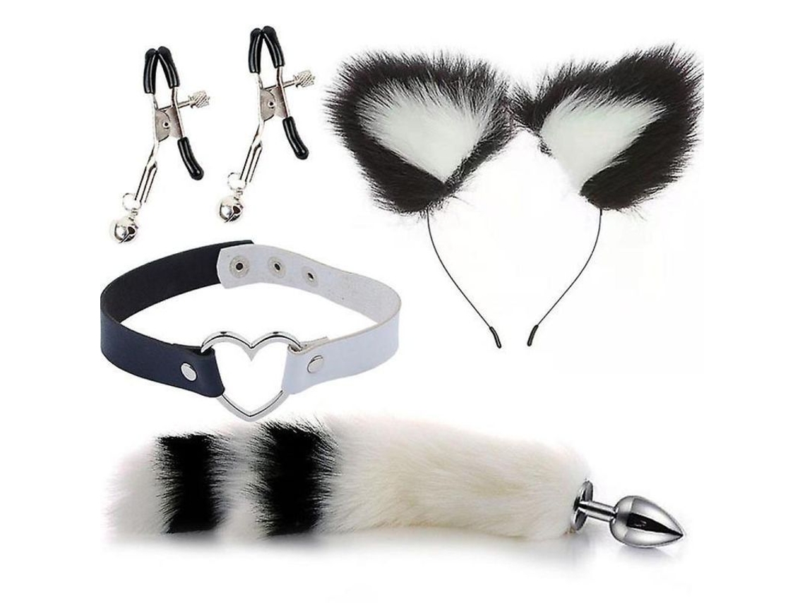 Dan26-conjunto De Rol Play Zorro Con Cola Anal, Orejas, Clip Y Collar De Metal Para Cosplay Negro Blanco 1
