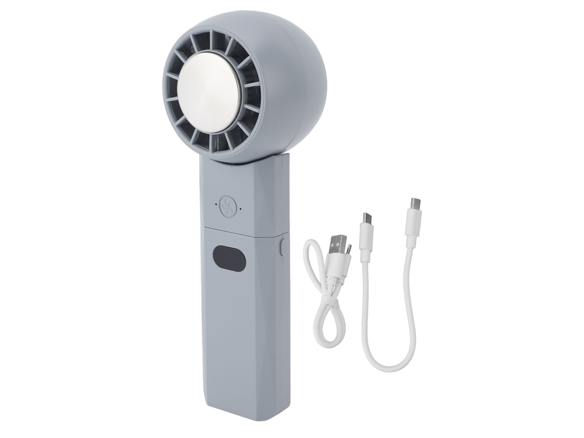 Ventilador portátil recargable por USB, 3 velocidades, gris y azul.