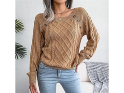 2026-suéter De Mujer De Punto Cablado Ribeteado Cuello Redondo Manga Larga Color Solido Casual Para Otoño Invierno Blanco