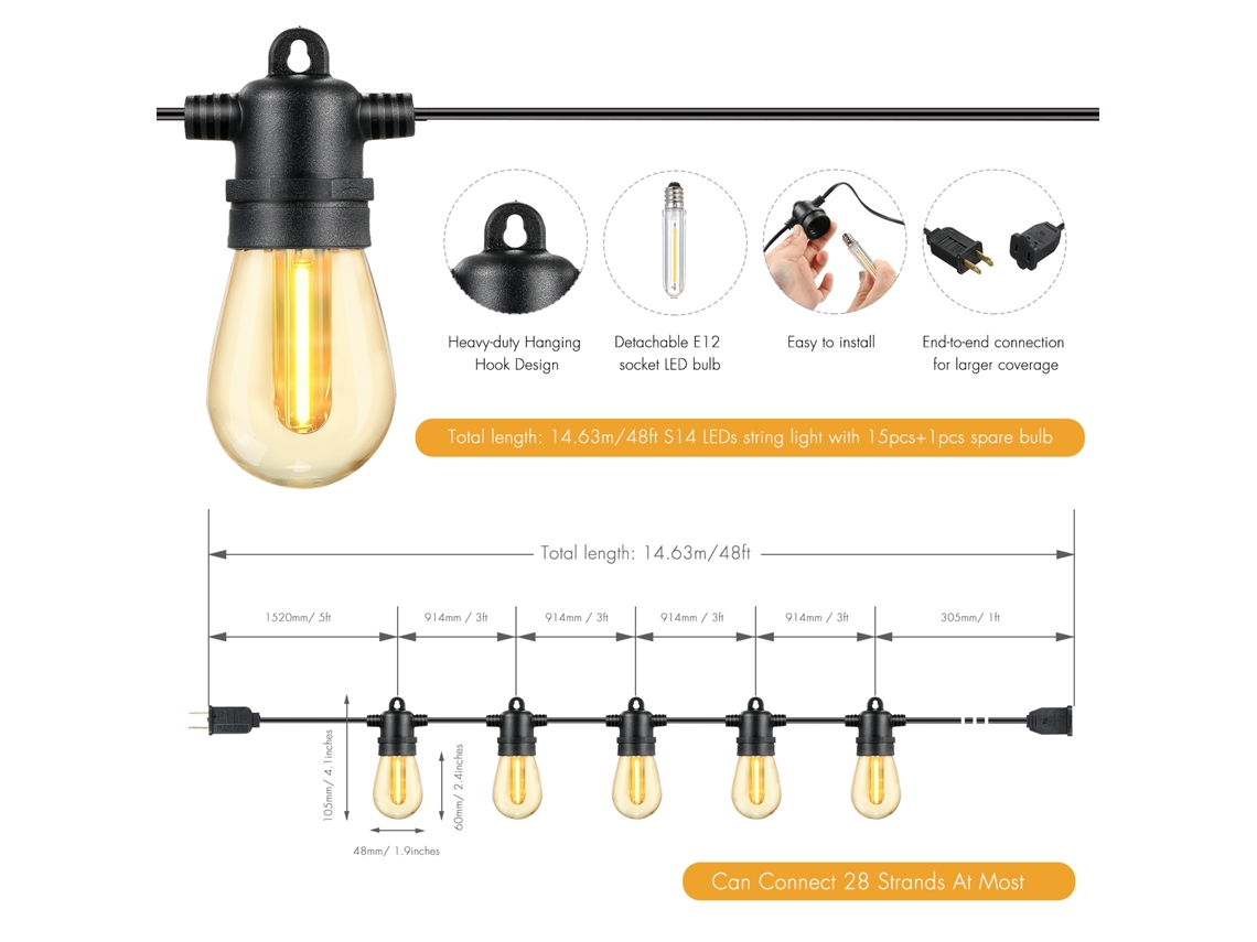 Lámpara LED de exterior tipo cascada S14 2026, 14,63 m/48 pies, IP65, resistente al agua, 15+1 bombillas, luz blanca cálida, ideal para decoración de fiestas, jardines y bodas.