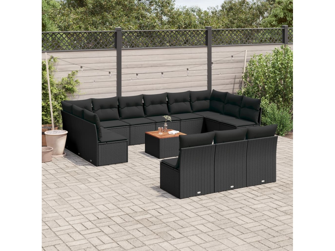 Conjunto de sofá de jardín de 14 piezas con cojines, ratán negro, Dkd Home Decor