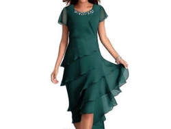 2026-vestido Elegante Para Mujer Con Cuello Redondo, Mangas Cortas, Decoración De Perlas Y Falda Capa Midi Para Fiesta Y Boda