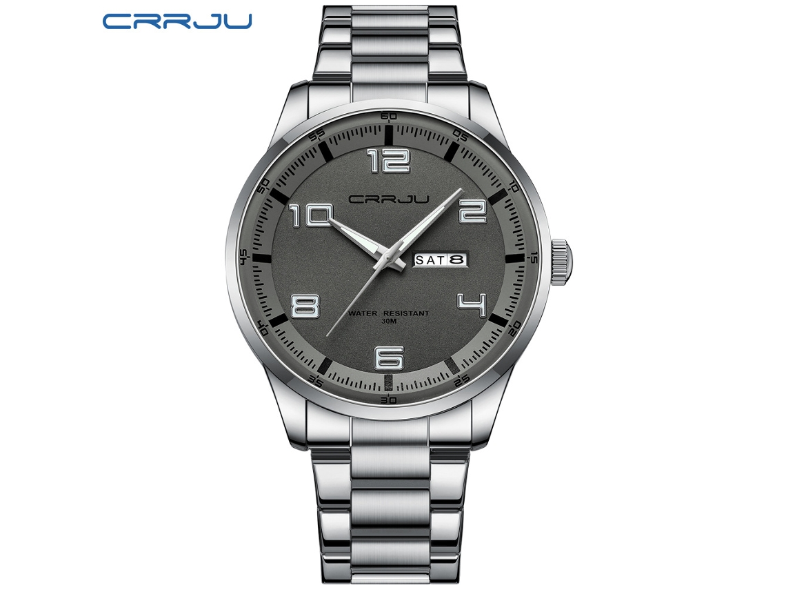 Relógio De Pulso Masculino (cinza) Com Calendário Duplo, À Prova D'água, Pulseira De Aço Inoxidável, Estilo Executivo, Formato Redondo.