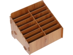 Caja organizadora de madera para teléfonos móviles con múltiples compartimentos, ideal para usar en el escritorio.