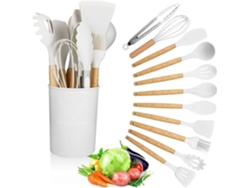 Juego de utensilios de cocina de silicona con mangos de madera, 12 piezas, antiadherentes, incluye cucharas y cubiertos Nostalgia88 (blanco)
