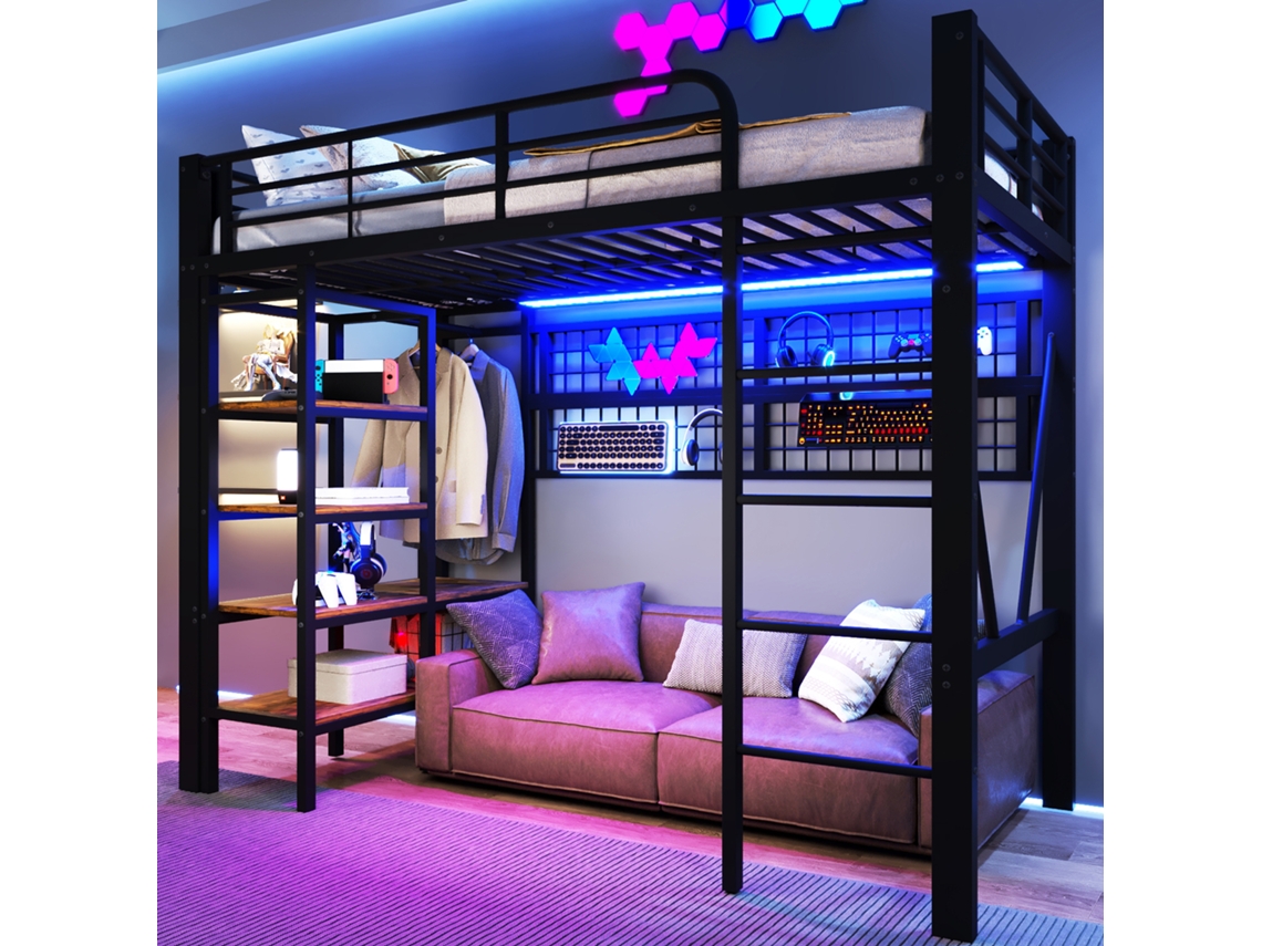 Cama Alta De Metal De 90x200 Con Barra Para Colgar Ropa Con Iluminación Led Y Almacenamiento Abierto.