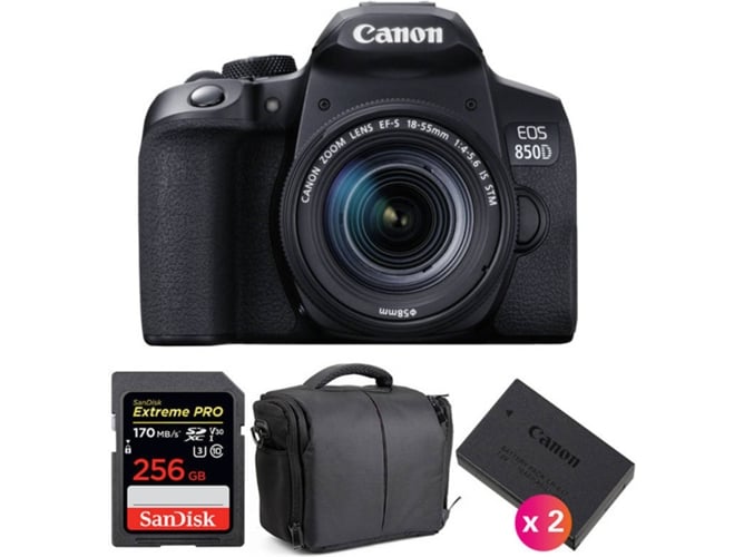 Kit Cámara Réflex CANON EOS 850D + EF-S 18-55mm f/4-5.6 IS STM + SanDisk 256GB + 2 LP-E17 + Bolsa