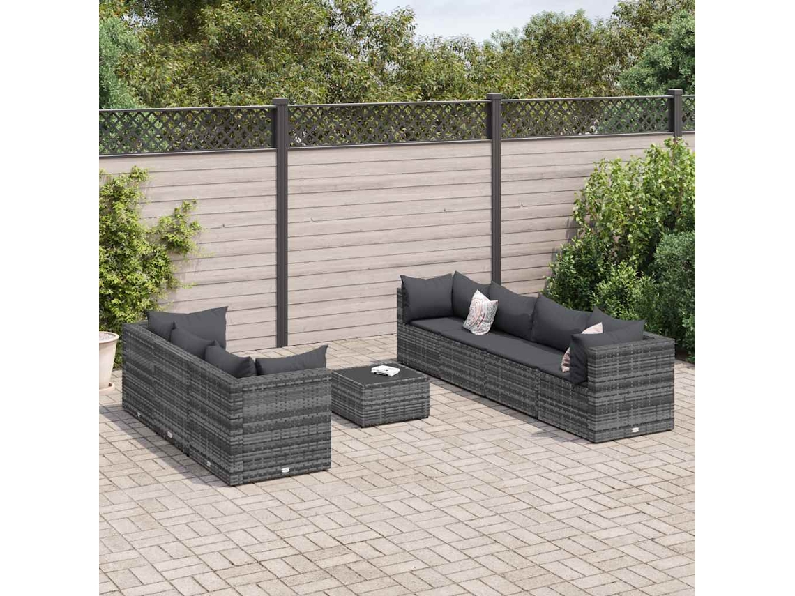Conjunto de jardín de 8 piezas con cojines en mimbre gris, DKD Home Decor