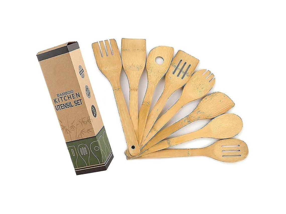 Juego De 8 Utensilios De Cocina De Bambú, Fáciles De Limpiar Y Aptos Para Sartenes Antiadherentes.
