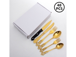 Vajilla dorada MDUG de 48 piezas con cubiertos y cucharas de acero inoxidable con diseño en relieve