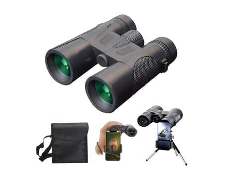 Binoculares HD 12X42 para Adultos con Adaptador de teléfono y trípode Plegable para Caza, observación de Aves, Camping, Viajes, Negro BISBISOUS