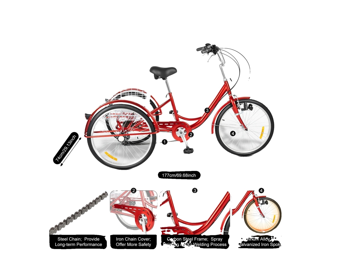 Triciclo para adultos, caja de cambios de 6 velocidades, amplio maletero, color rojo, 24 pulgadas, OEM