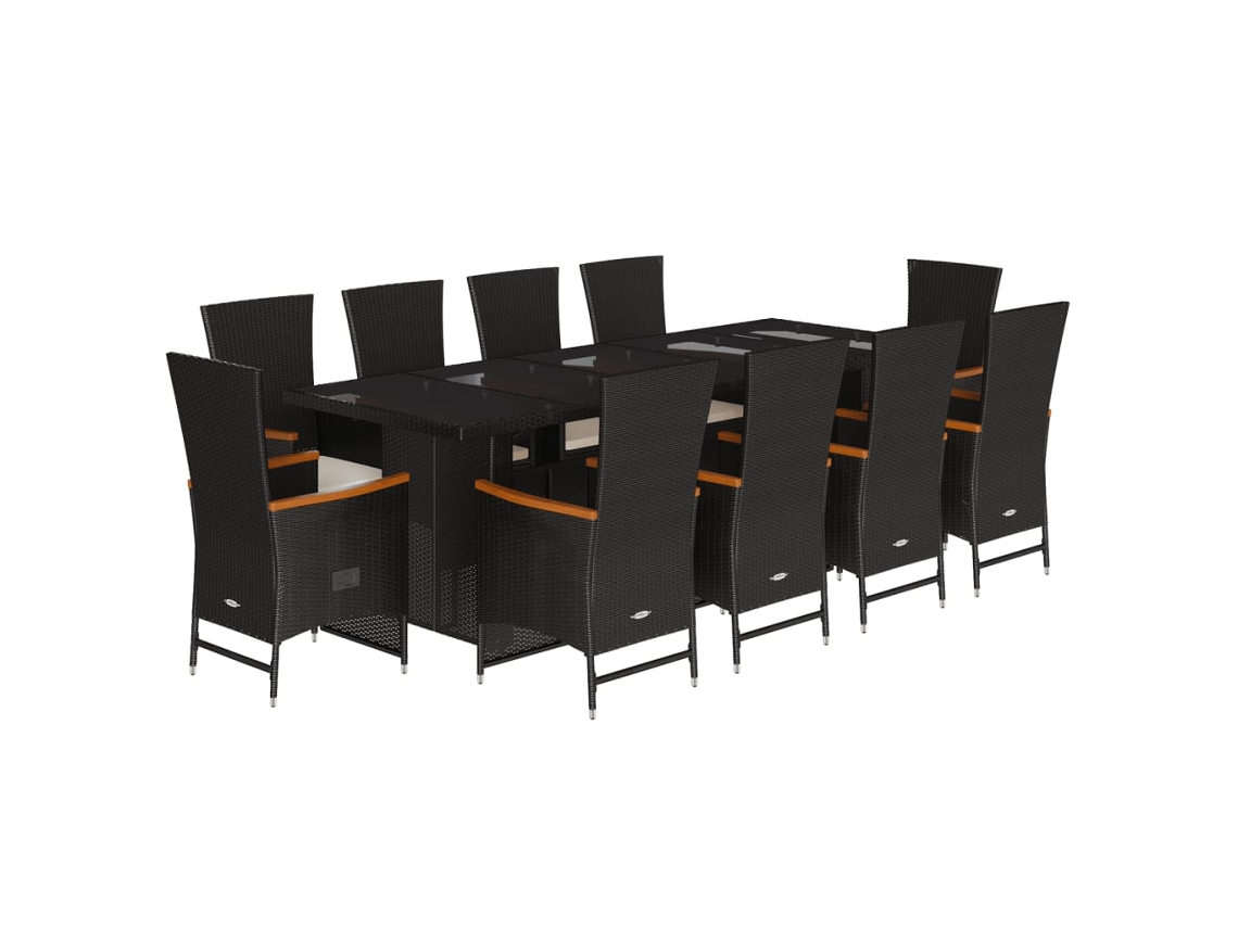 Juego de 11 piezas de comedor de jardín con cojines de mimbre, color negro, EXCLUSIVA DE LA CASA