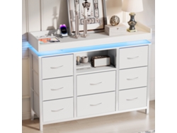 Cómoda De Tela De 8 Cajones Con Iluminación Led Y Toma De Corriente, Unidad De Almacenamiento Estable, Estructura De Acero, Antivuelco, Blanca.