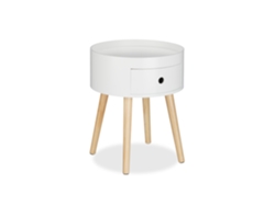 Mesa De Apoio Relaxdays Redonda, Gaveta, Pernas De Madeira, Design Escandinavo, Minimalista, 46 X 38 Cm, Branco/natural