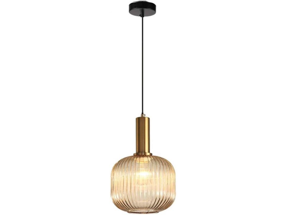 Lámpara De Araña Moderna: Portalámparas Colgante Con Acabado Dorado Y Cúpula De Cristal Ámbar, Luz Colgante Led.