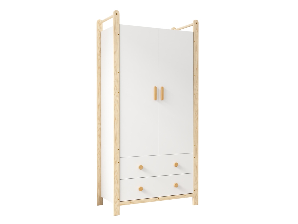 Armario de 90x45x180 cm - 2 puertas, con barra para colgar ropa y 2 cajones, para dormitorio y salón - Blanco+Natural