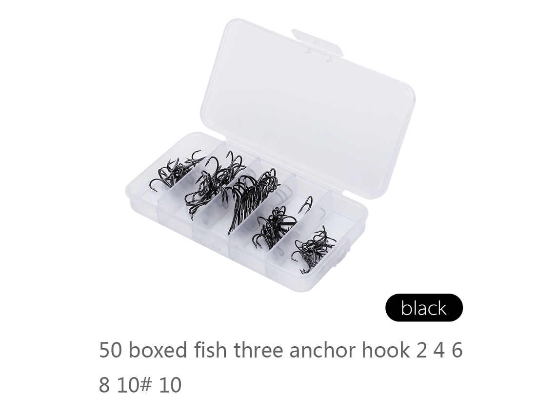 Anclas De Pesca Triple Afiladas 50pcs Caja 5 Tallas 2/4/6/8/10 Anclas De Pesca Negras Accesorios De Pesca