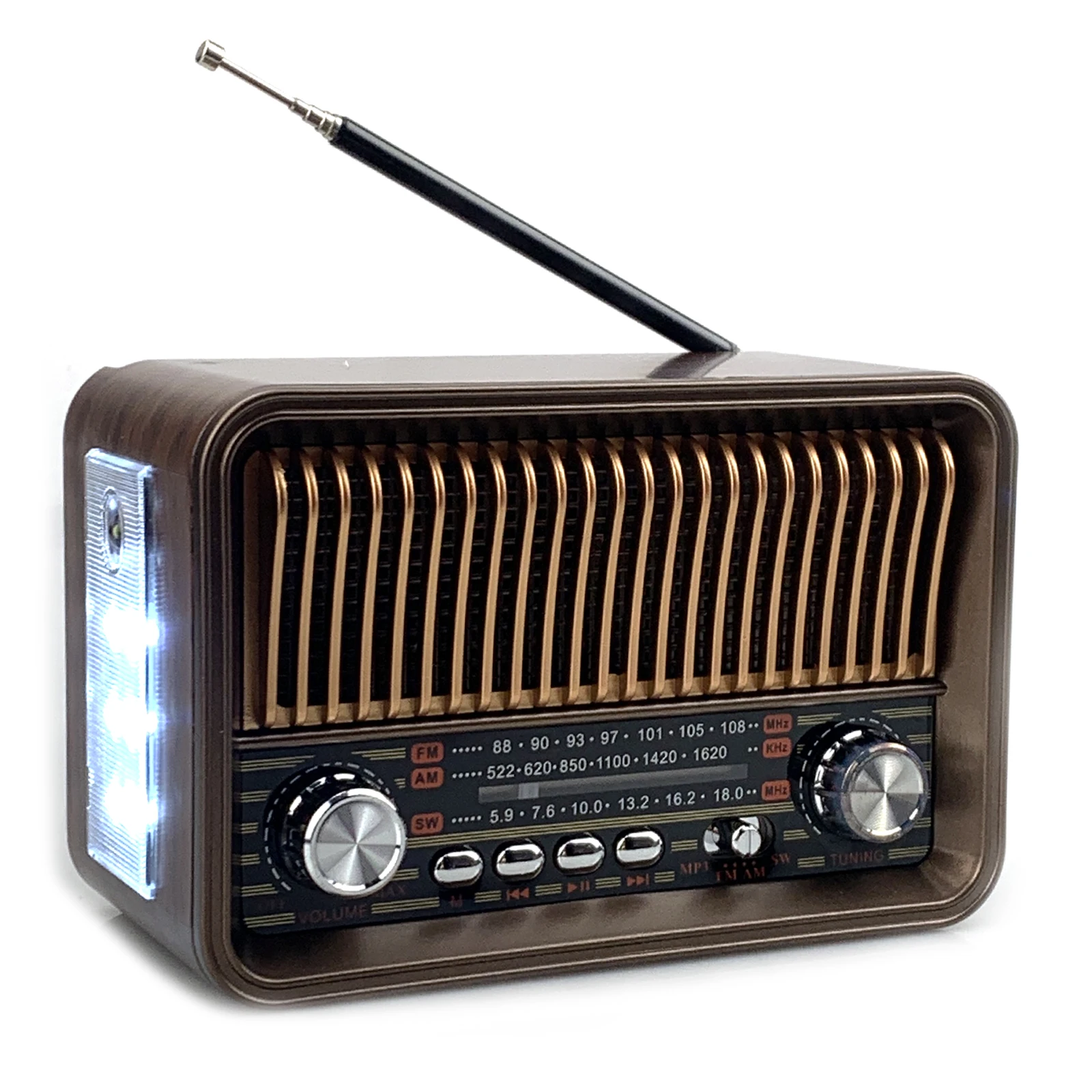Receptor De Radio Fm/am/sw Portátil De Banda Completa (color Café) Con Linterna Led, Bluetooth, Tarjeta Tf Y Reproductor De Música Usb.