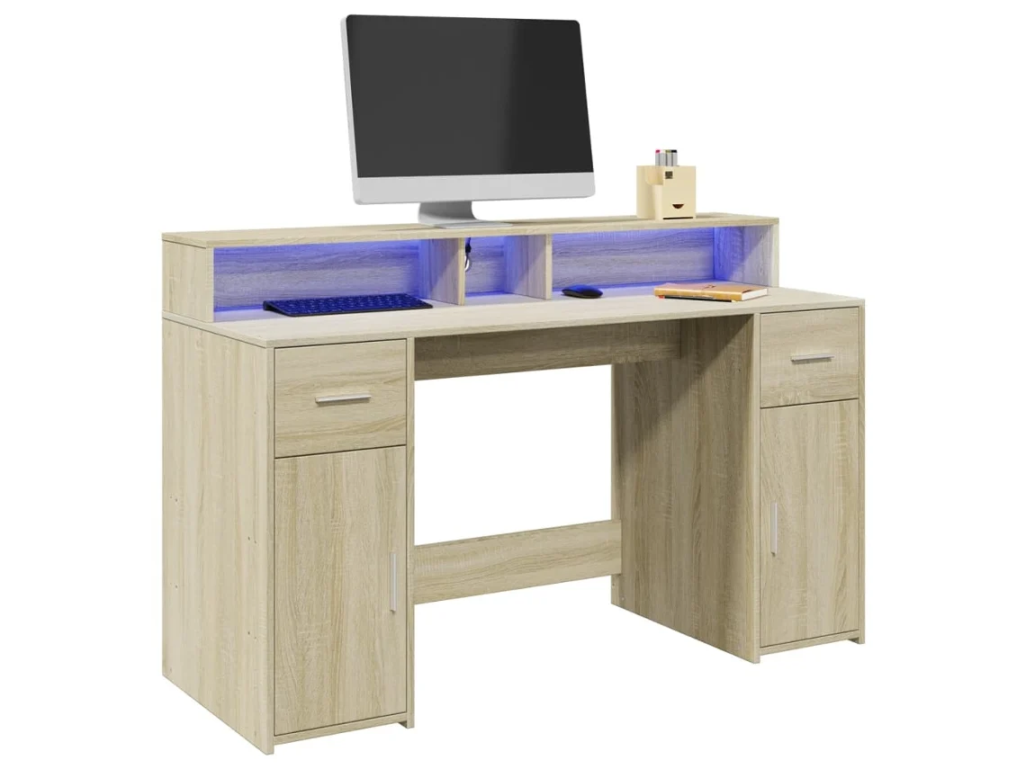Escritorio | Mesa | Escritorio con luces LED 140x55x91cm Roble derivado Sonoma