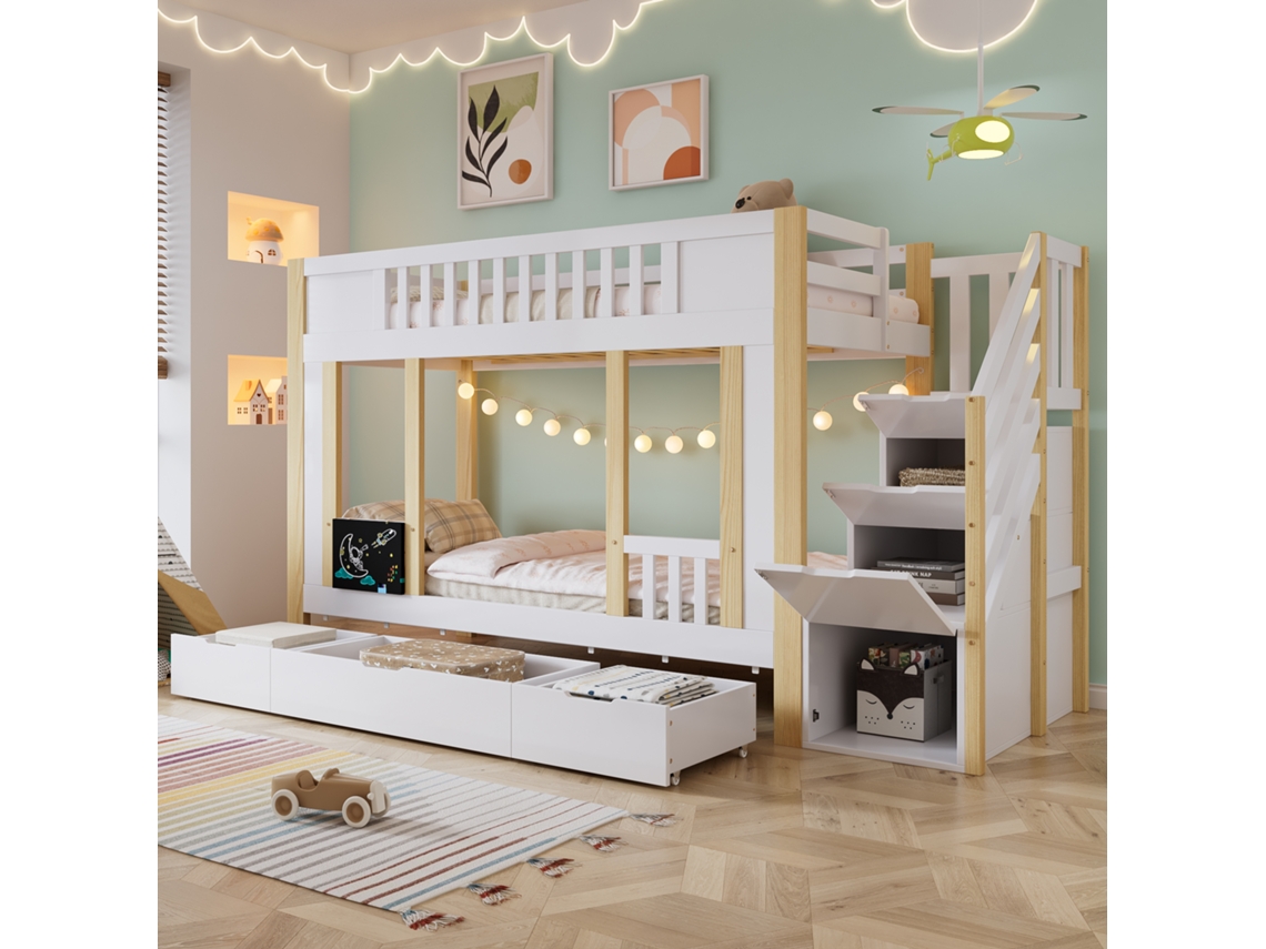 Litera Infantil Con Escalera, 3 Cajones, Acabado Pizarra, Blanco Natural, 90x200