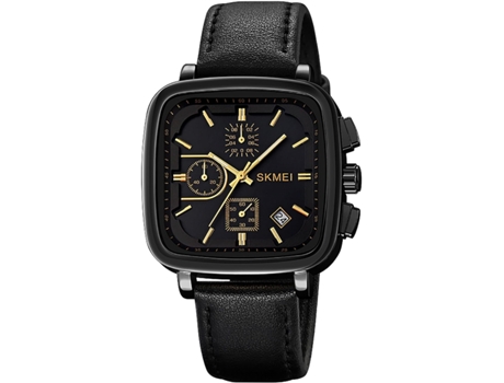 VEANXIN Reloj de pulsera con correa de cuero resistente al agua y cronógrafo cuadrado-negro plata