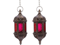 Omni-2 Portavasos De Vela Hexagonales Colgantes Estilo Moroccano De Hierro Bronce Con Cristal Rojo Y Púrpura