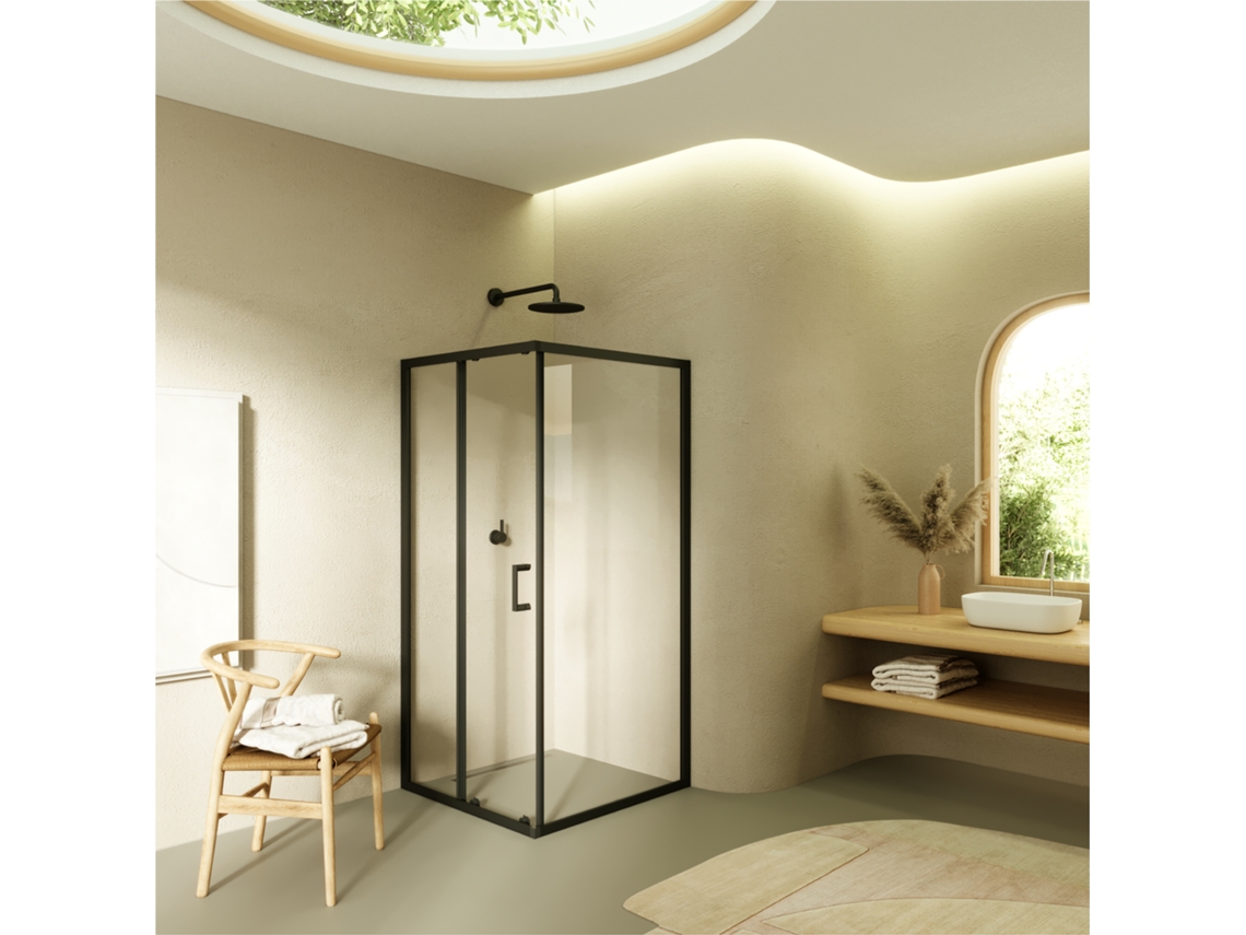 Cabina de ducha Dora de 95 x 100 x 190 cm con puerta corredera y 1 panel fijo, perfiles negros y cristal templado transparente, Moments of Glass