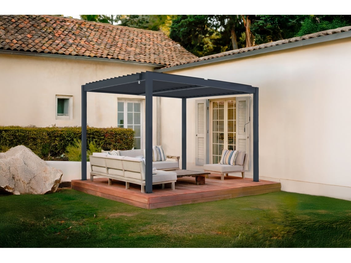 Pérgola bioclimática de aluminio 3x2,5m - lamas orientables - Gris antracita, Independiente en el jardín o terraza PIANA