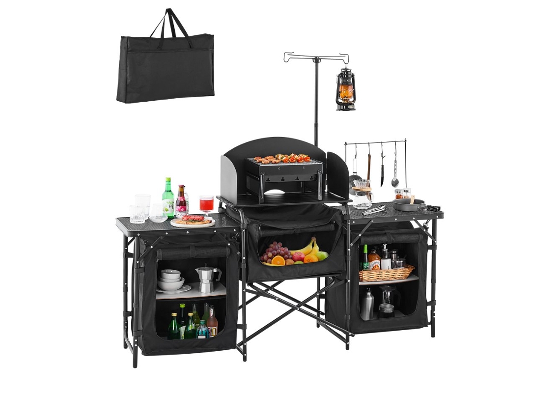Juego de cocina portátil para acampar con armarios, mesa, ganchos y estación plegable Tekmaquinas