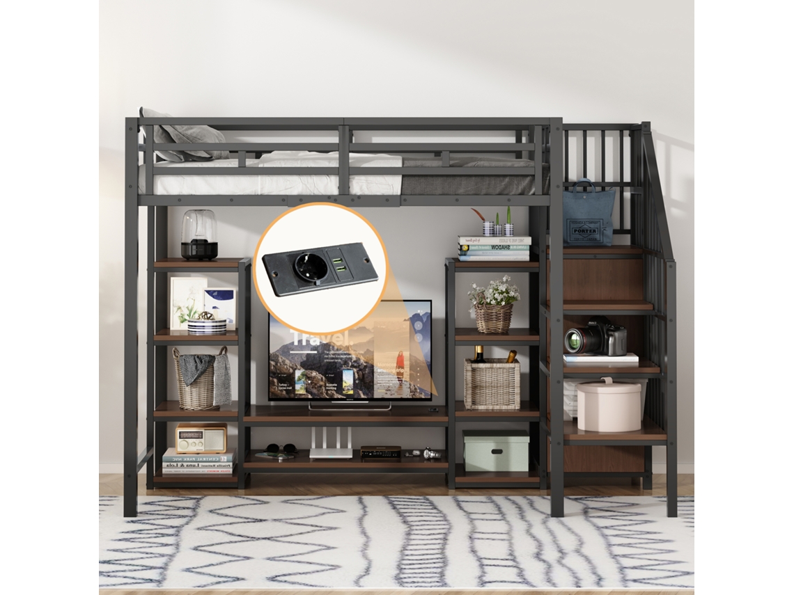 Cama Alta De 90x200 Con Soporte Para Tv Y Toma De Corriente Negra.