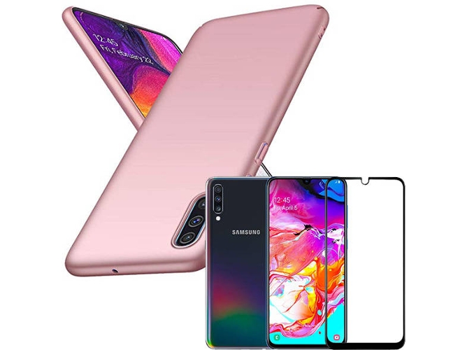 Kit Carcasa y Protector de Cristal 5D Samsung Galaxy A70 SlimShield Rosa