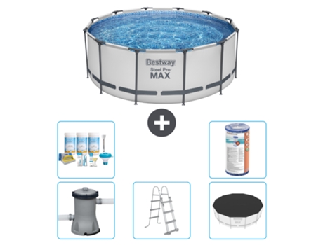 Piscina BESTWAY Round Steel Pro MAX - 366 x 122 cm - Gris - Incluida bomba - Escalera - Cobertor Paquete de mantenimiento - Filtrar