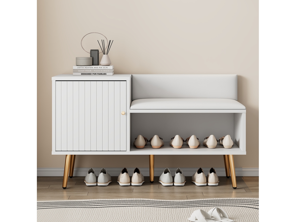 Zapatero con banco y 2 compartimentos con tiradores y patas de metal en estilo moderno blanco