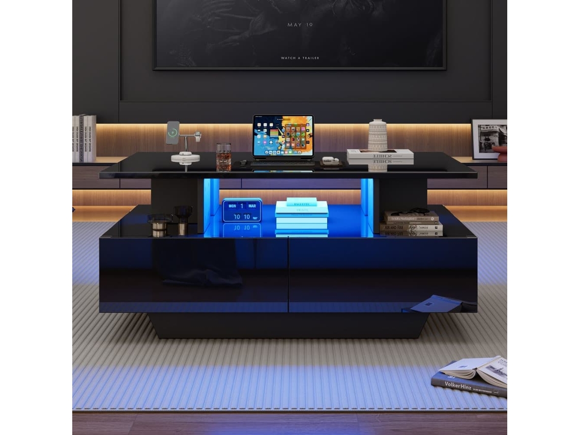 Mesa De Centro Moderna 90x55x41 Cm - Con Led, 2 Cajones, Diseño Elegante - Negro