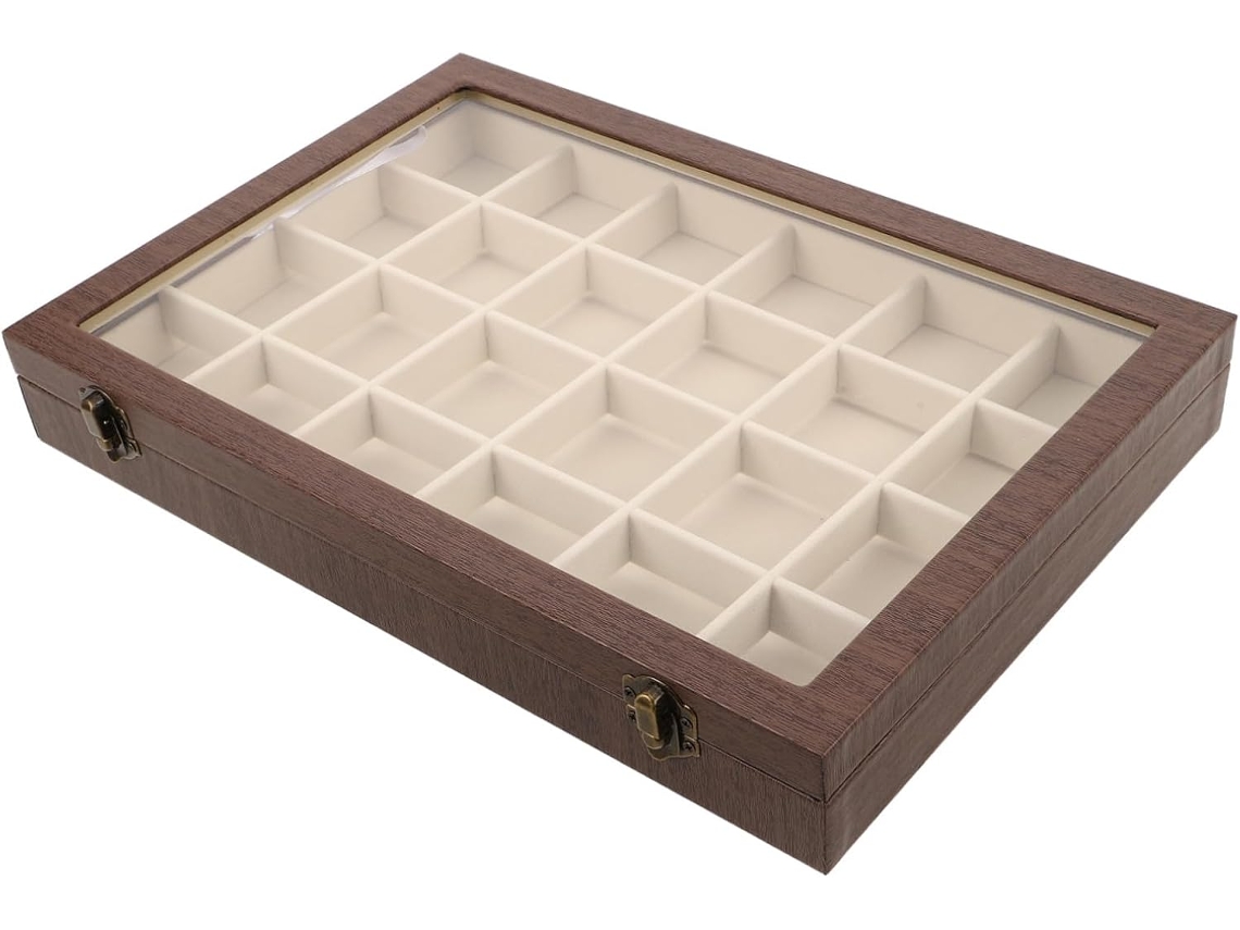 Caja De Joyería De Madera De 24 Compartimentos Con Separadores Para Anillos Y Pulseras, Bandeja