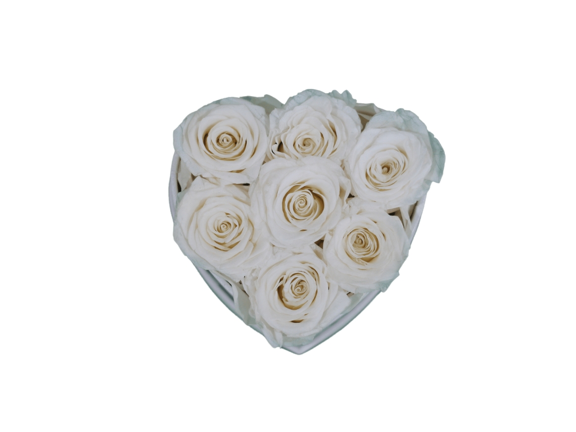 7 rosas naturales preservadas blancas LOVE Flowers en caja de corazón negra - Colección Heart Rose