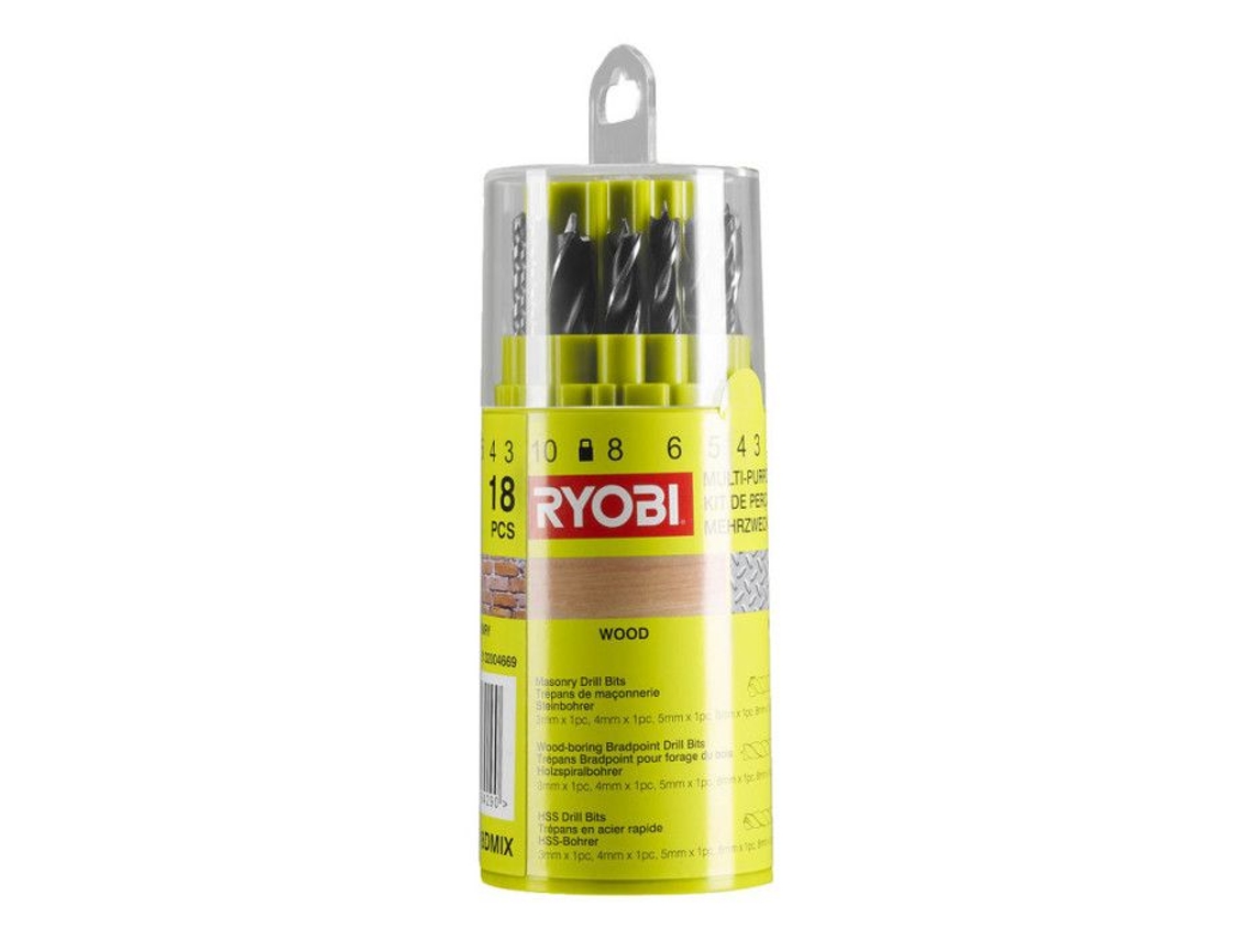 Brocas Ryobi Rak18dmix de acero HSS compatibles con madera, metal y hormigón. 18 tamaños surtidos.