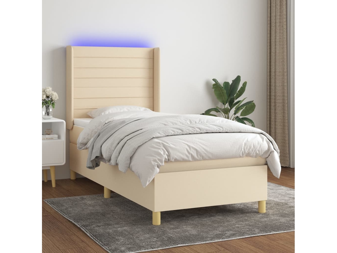 Cama Box Spring Colchón Y Luces Led Tela Crema 80x200 Cm