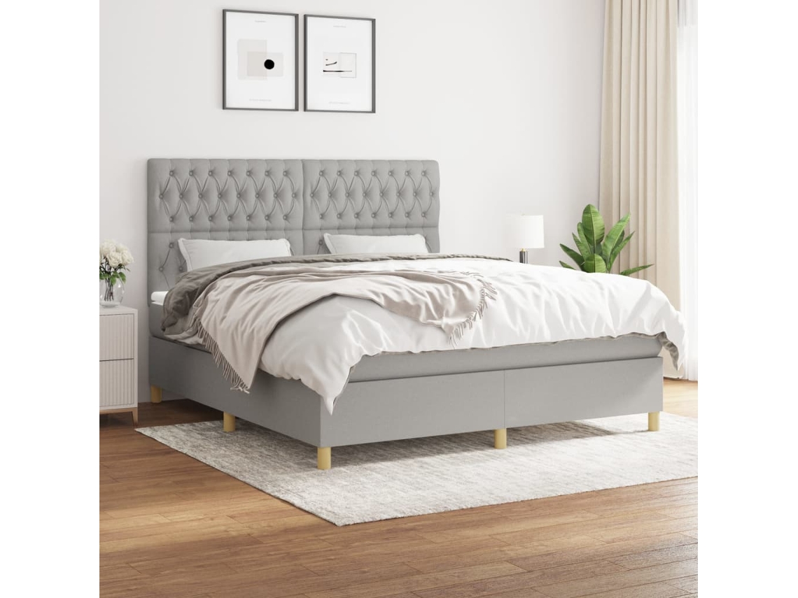 Cama Box Spring Con Colchón Tela Gris Claro 180x200 Cm