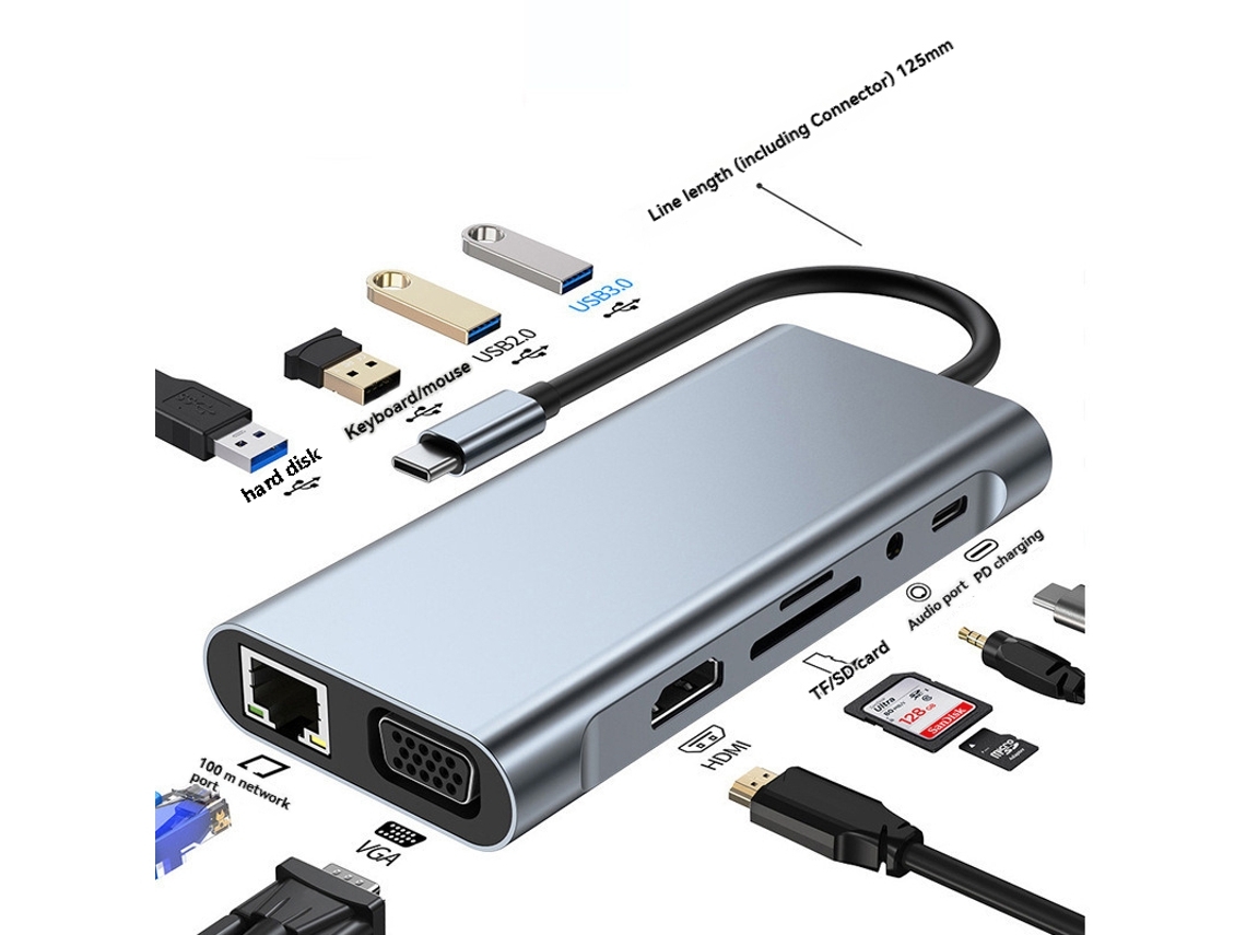 Convertidor Usb-c Universal 11 En 1 Con Salidas Hdmi, Vga, De Red Y Usb 3.0, Transmisión Pd De 100 Mbps Para Portátiles.