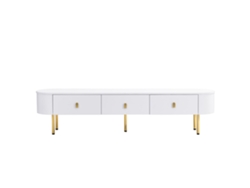 Mueble de TV moderno con 3 cajones y tiradores y patas dorados, blanco Mobrio