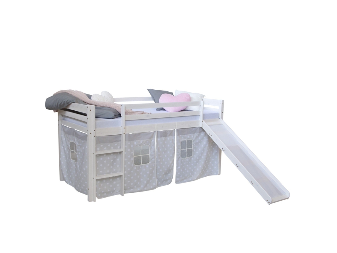 Cama Alta Infantil 90x200cm Con Escalera Y Tobogán Madera Blanca Con Tela De Estrellas Grises Lit06179