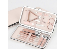Kit de manicure portátil 12 em 1, aço inoxidável martensítico, cor ouro rosa, com bolsa de couro rosa.